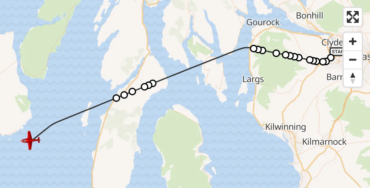 Flight path map showing Air Ambulance Aircraft route from Glasgow Airport to Inner Seas