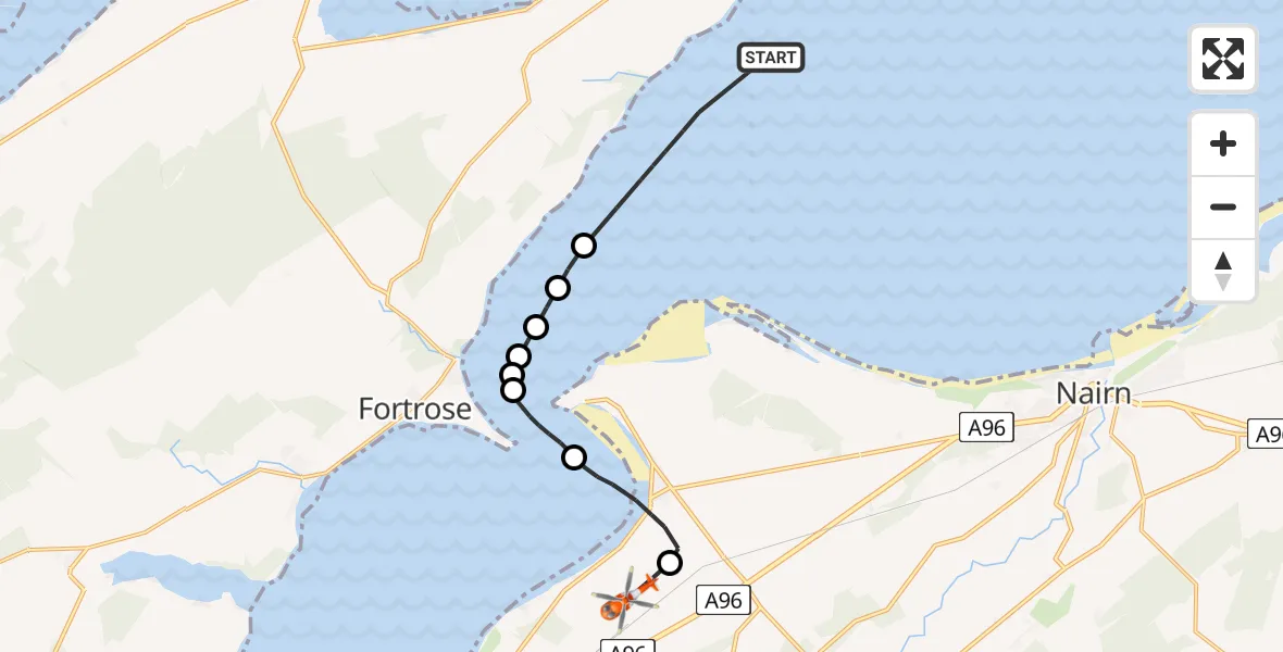 Flight path map showing Coastguard Helicopter route from North Sea to Inverness Airport