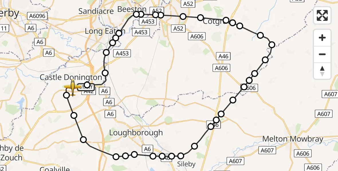 Flight path map showing Police Aircraft route from East Midlands Airport to East Midlands Airport