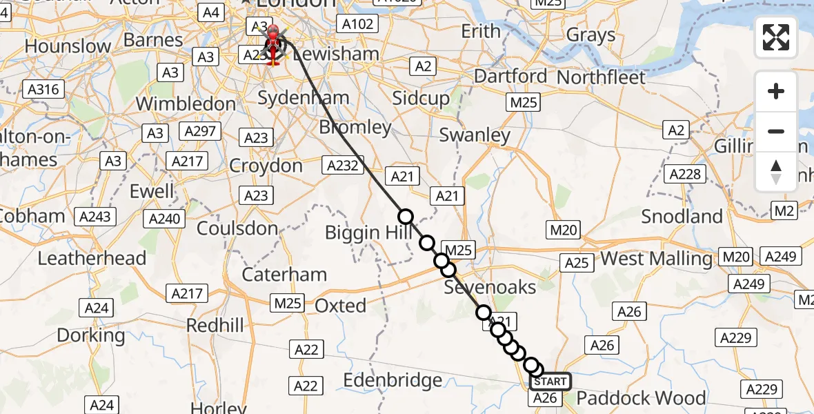 Flight path map showing Air Ambulance Helicopter route from Tonbridge to Kings College London Hospital