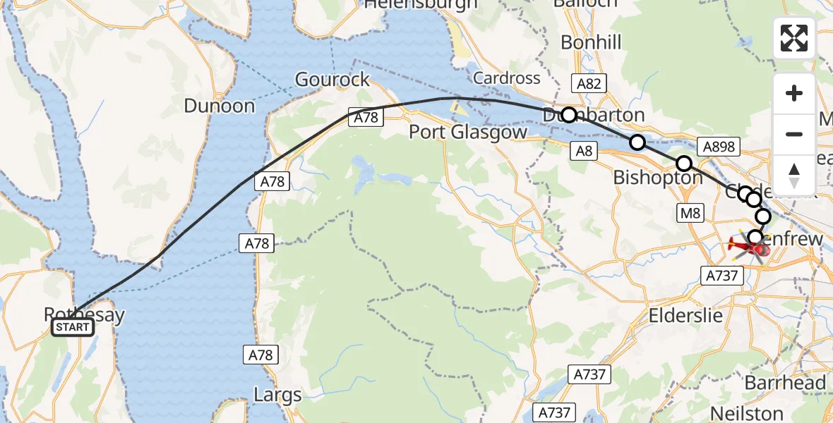 Flight path map showing Air Ambulance Helicopter route from Inner Seas to Glasgow Airport