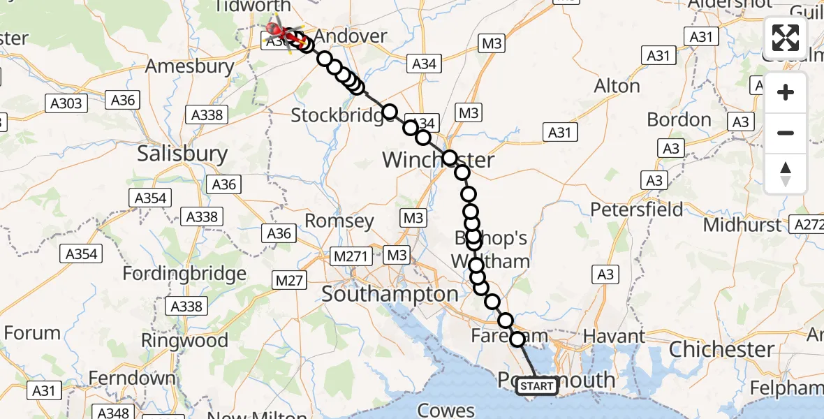 Flight path map showing Air Ambulance Helicopter route from Gosport to Thruxton Aerodrome