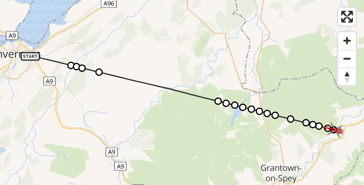 Flight path map showing Air Ambulance Helicopter route from Inverness to Advie