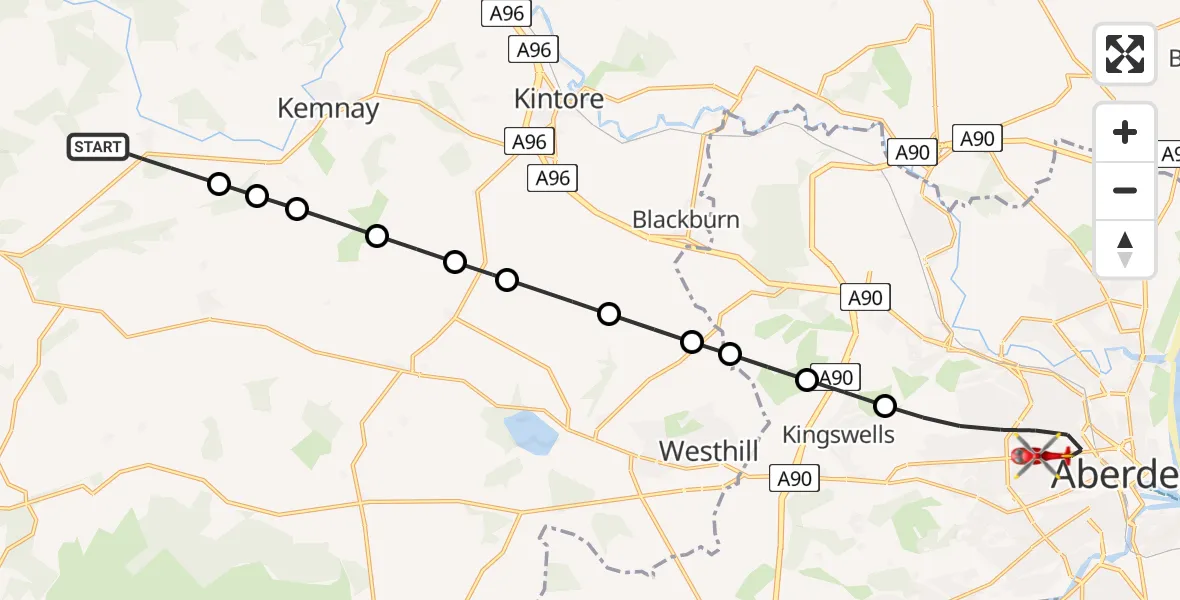 Flight path map showing Air Ambulance Helicopter route from Monymusk to Aberdeen City