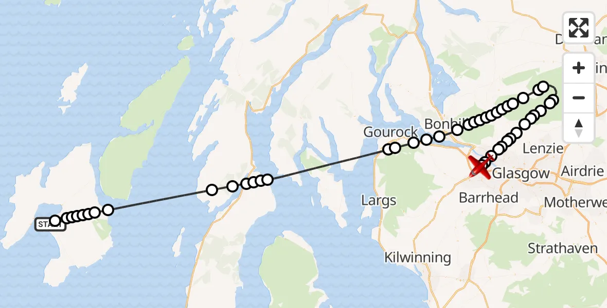 Flight path map showing Air Ambulance Aircraft route from Inner Seas to Glasgow Airport