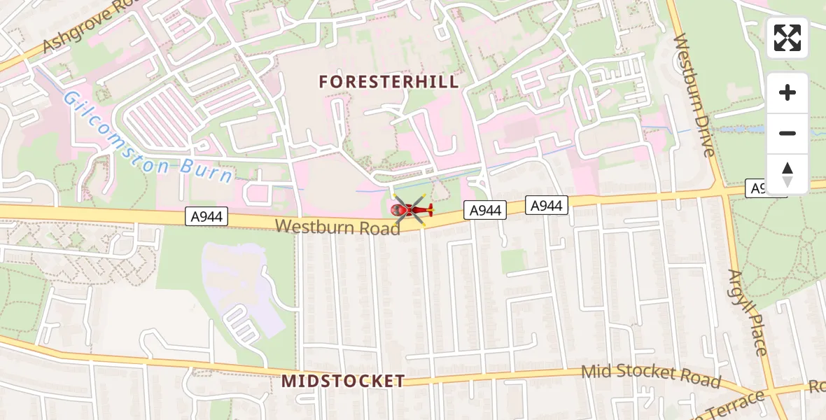 Flight path map showing Air Ambulance Helicopter route from Aberdeen Royal Infirmary Helistrip to Aberdeen Royal Infirmary Helistrip