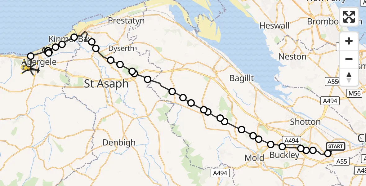 Flight path map showing Police Helicopter route from Hawarden Airport to Abergele