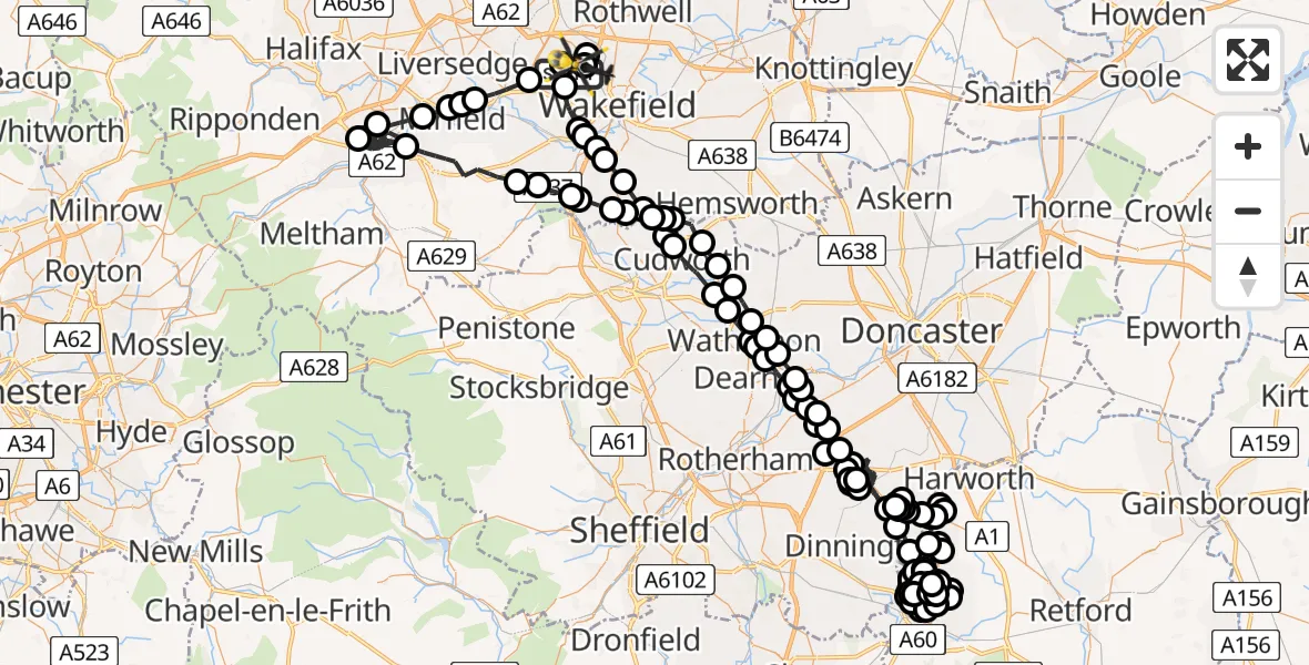 Flight path map showing Police Helicopter route from East Ardsley to East Ardsley
