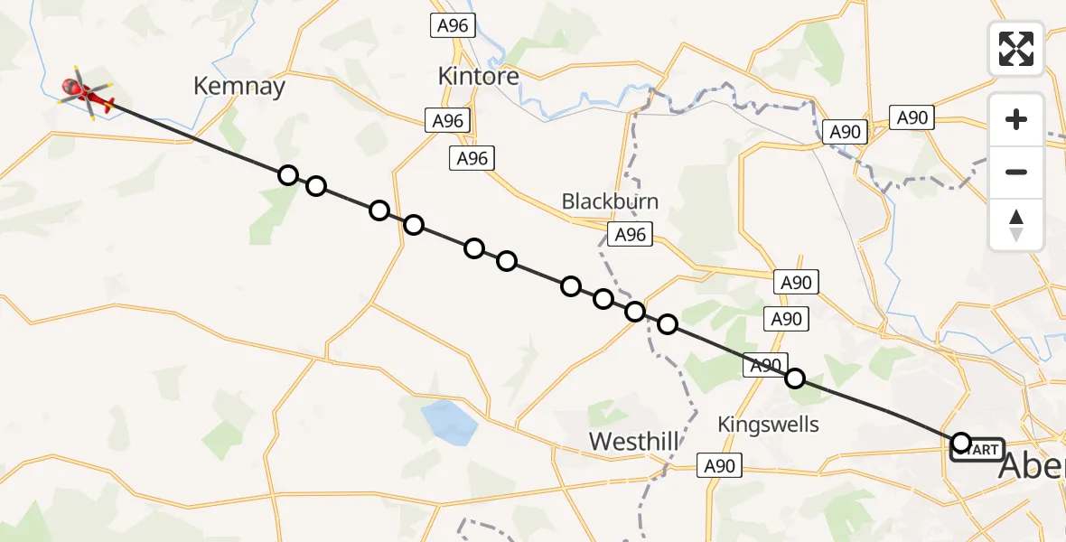 Flight path map showing Air Ambulance Helicopter route from Aberdeen Royal Infirmary Helistrip to Monymusk