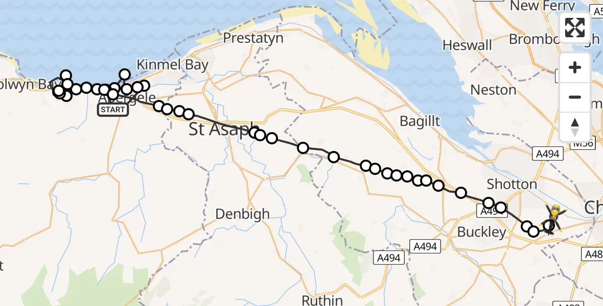 Flight path map showing Police Helicopter route from Abergele to Hawarden Airport