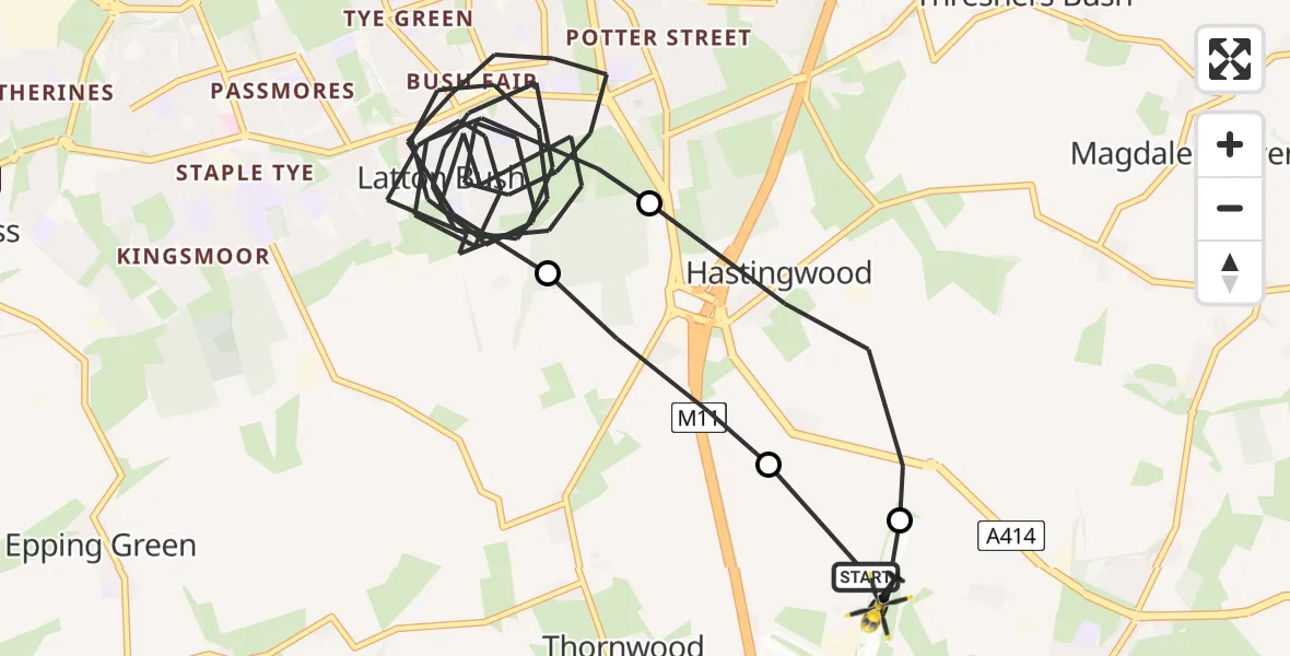 Flight path map showing Police Helicopter route from North Weald Airfield to North Weald Airfield