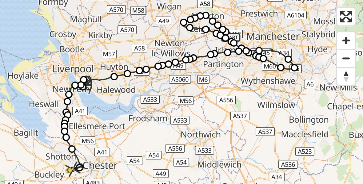 Flight path map showing Police Helicopter route from Irlam to Little Roodee