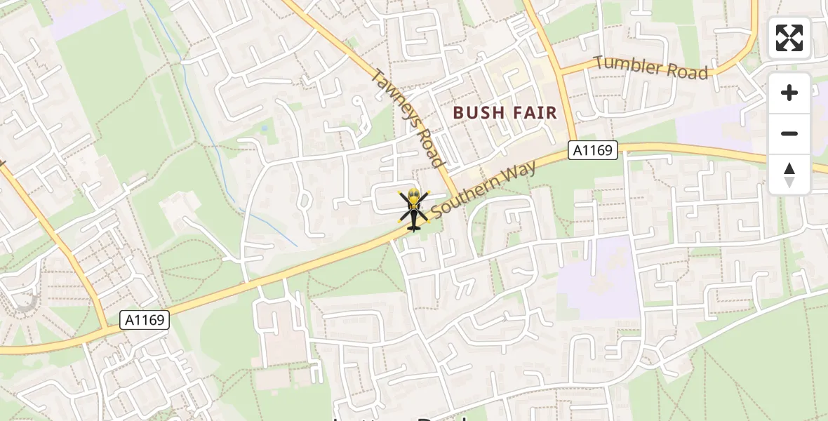 Flight path map showing Police Helicopter route from Latton Bush to Latton Bush