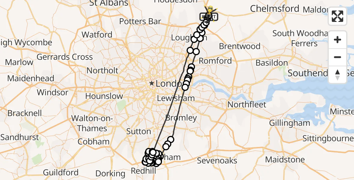 Flight path map showing Police Helicopter route from North Weald Airfield to North Weald Airfield