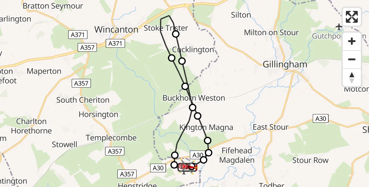 Flight path map showing Air Ambulance Helicopter route from Henstridge Airfield to Stalbridge