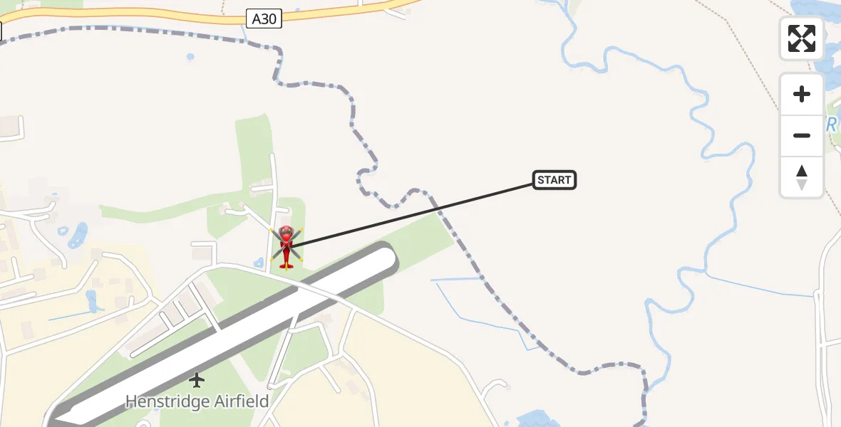 Flight path map showing Air Ambulance Helicopter route from Henstridge Airfield to Henstridge Airfield