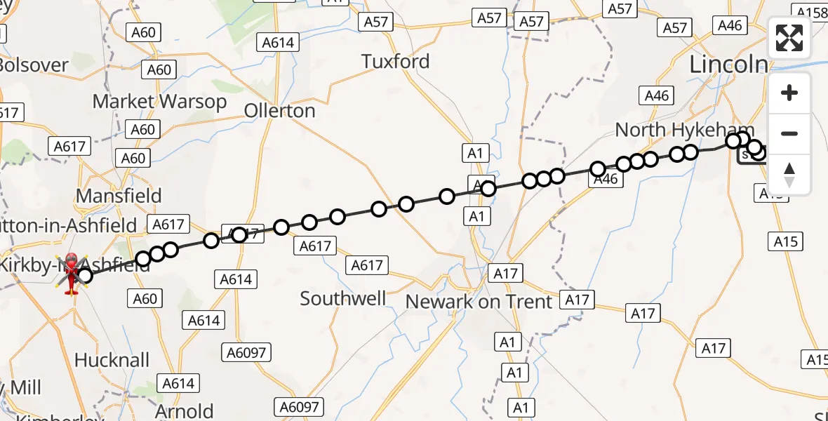 Flight path map showing Air Ambulance Helicopter route from RAF Waddington to Annesley