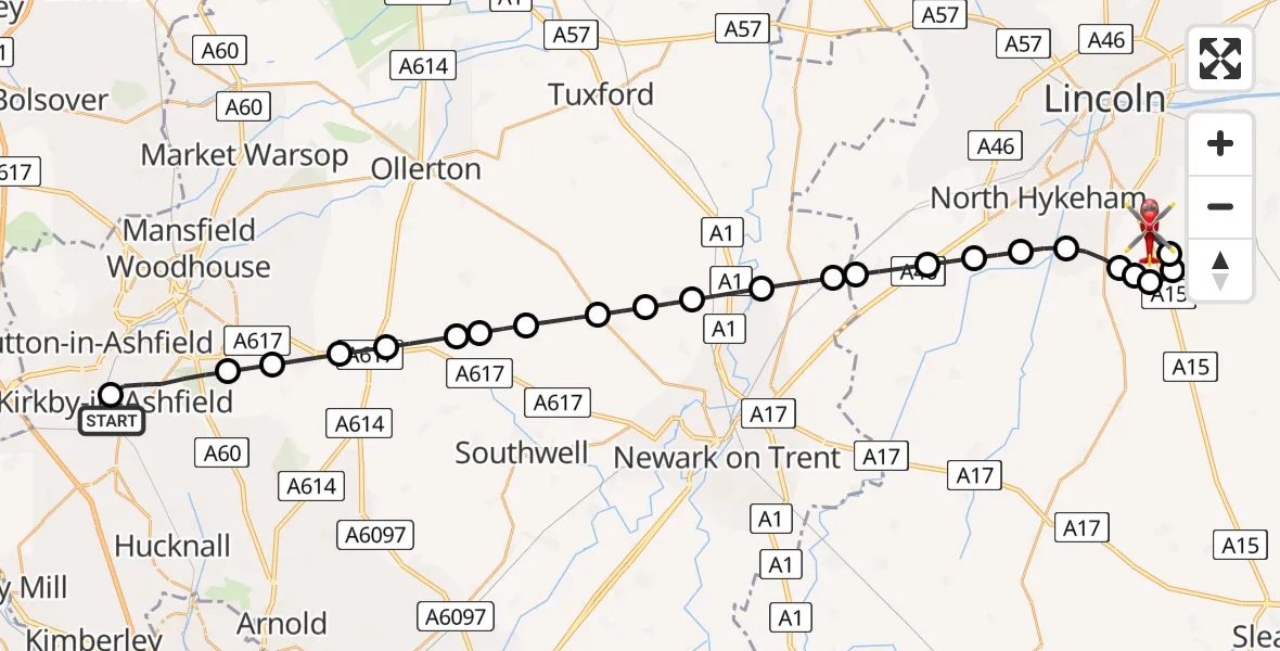 Routekaart van de vlucht: Air Ambulance Helicopter to North Kesteven, Sleaford Road