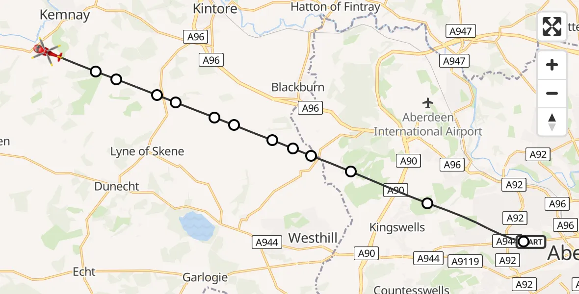 Routekaart van de vlucht: Air Ambulance Helicopter to Kemnay, B993