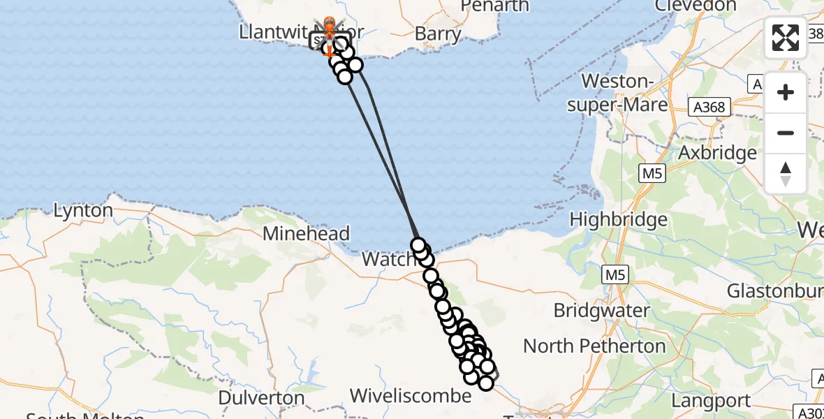 Flight path map showing Coastguard Helicopter route from MOD St Athan to MOD St Athan