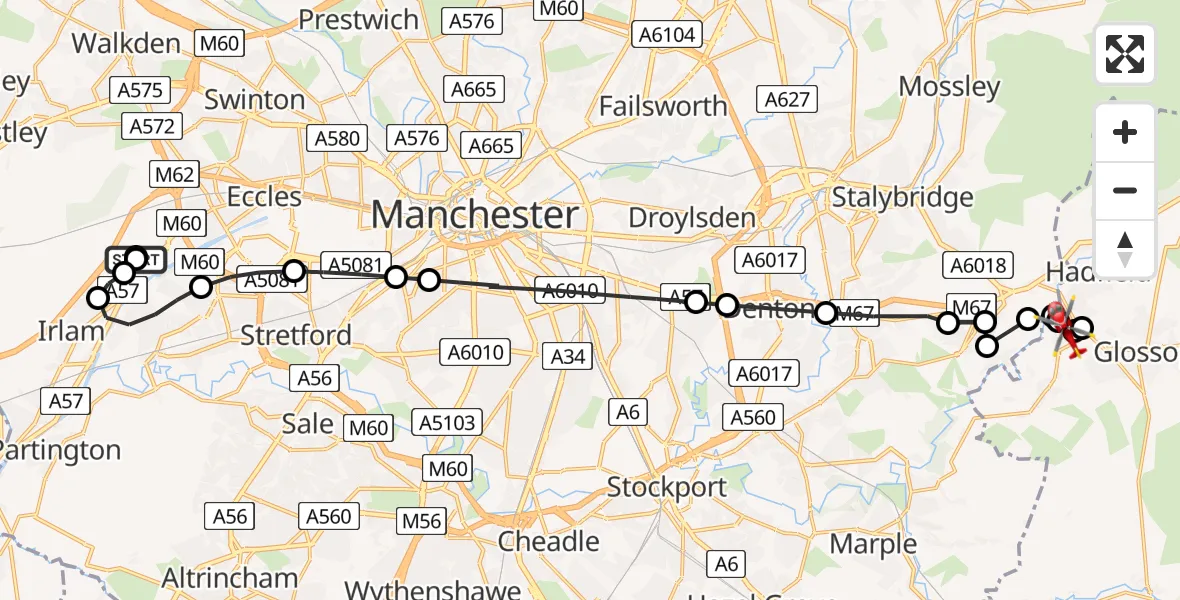 Flight path map showing Air Ambulance Helicopter route from Manchester Barton Aerodrome to Gamesley
