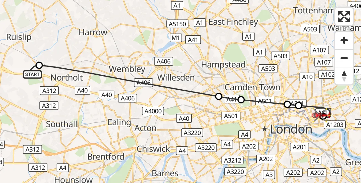 Flight path map showing Air Ambulance Helicopter route from RAF Northolt to Royal London Hospital