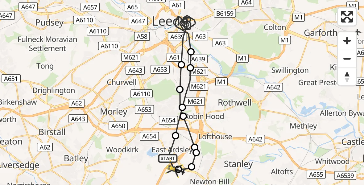 Routekaart van de vlucht: Police Helicopter to East Ardsley, Stoney Lane