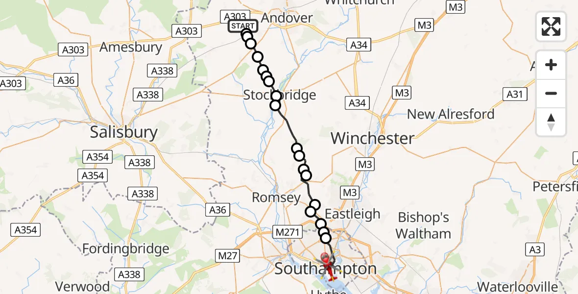 Flight path map showing Air Ambulance Helicopter route from Amport to Southampton