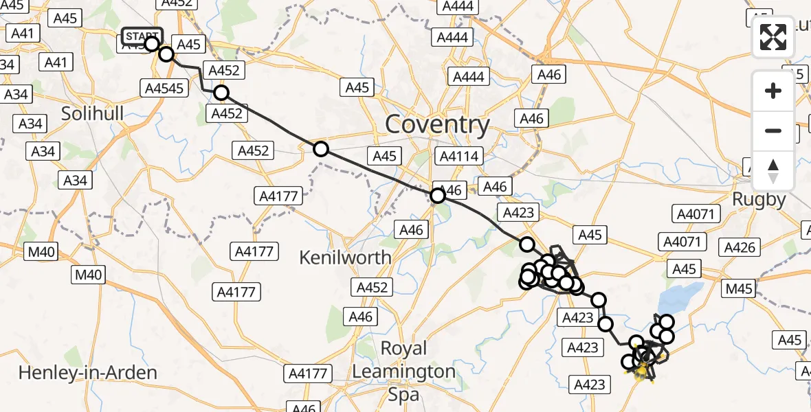 Routekaart van de vlucht: Police Helicopter to Leamington Hastings CP