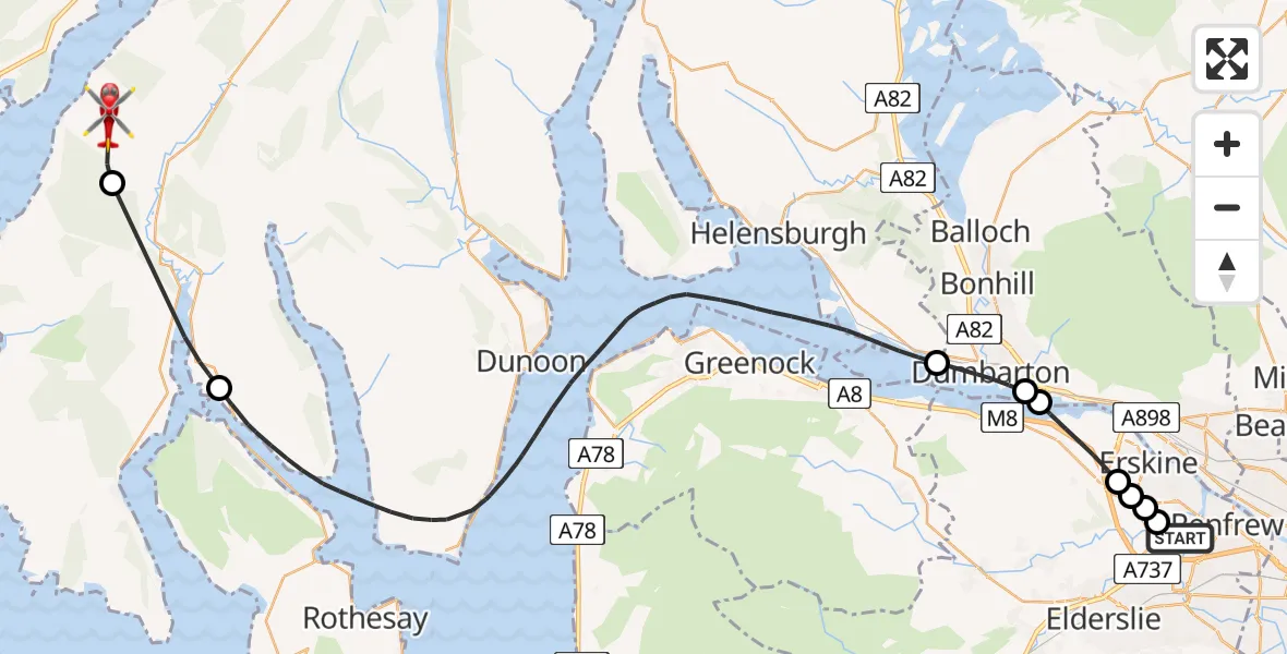 Flight path map showing Air Ambulance Helicopter route from Glasgow Airport to Inner Seas
