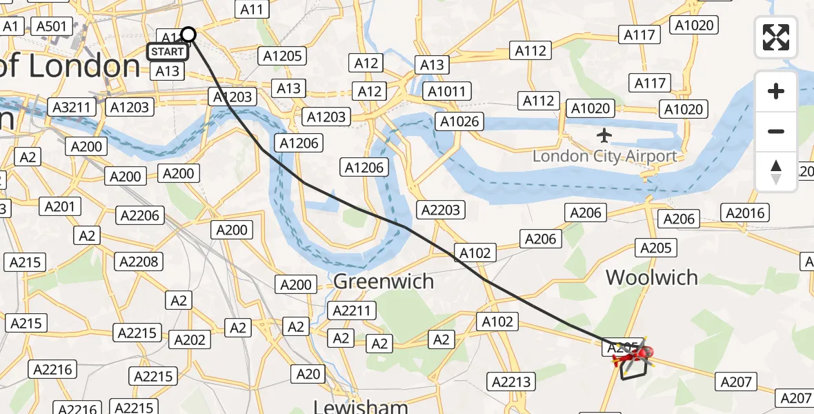 Flight path map showing Air Ambulance Helicopter route from Royal London Hospital to Greater London