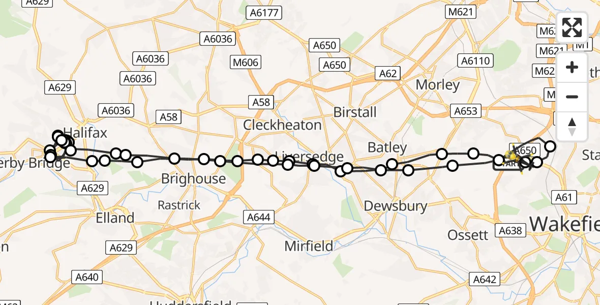 Flight path map showing Police Helicopter route from East Ardsley to East Ardsley