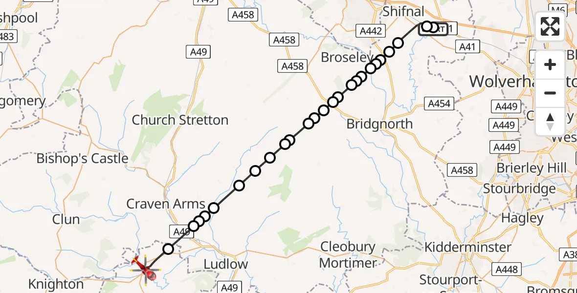 Routekaart van de vlucht: Air Ambulance Helicopter to Leintwardine, High Street