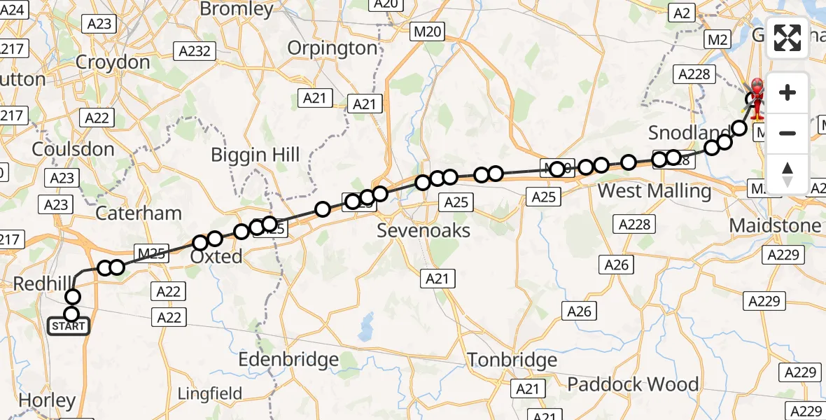 Flight path map showing Air Ambulance Helicopter route from Redhill Aerodrome to Rochester Airport