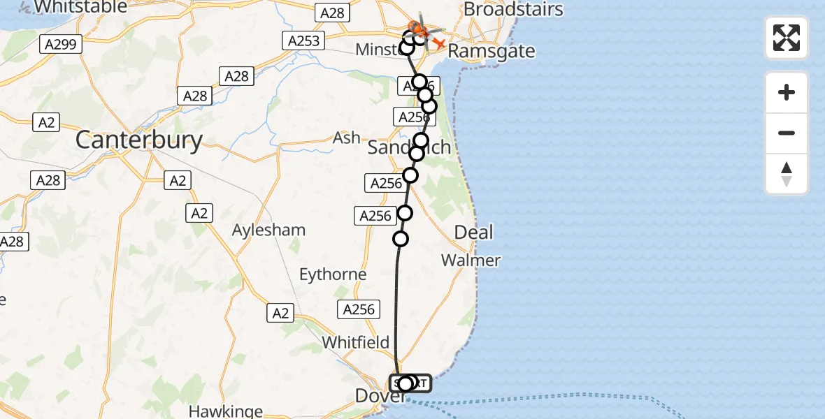 Flight path map showing Coastguard Helicopter route from Langdon Battery Heliport to Manston Airport