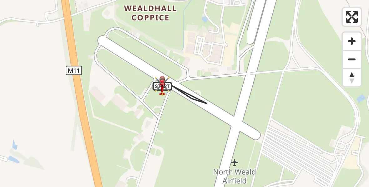 Flight path map showing Air Ambulance Helicopter route from North Weald Airfield to North Weald Airfield