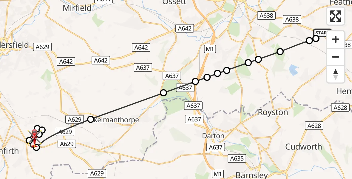 Flight path map showing Air Ambulance Helicopter route from YAA Nostell Helicopter Port to New Mill