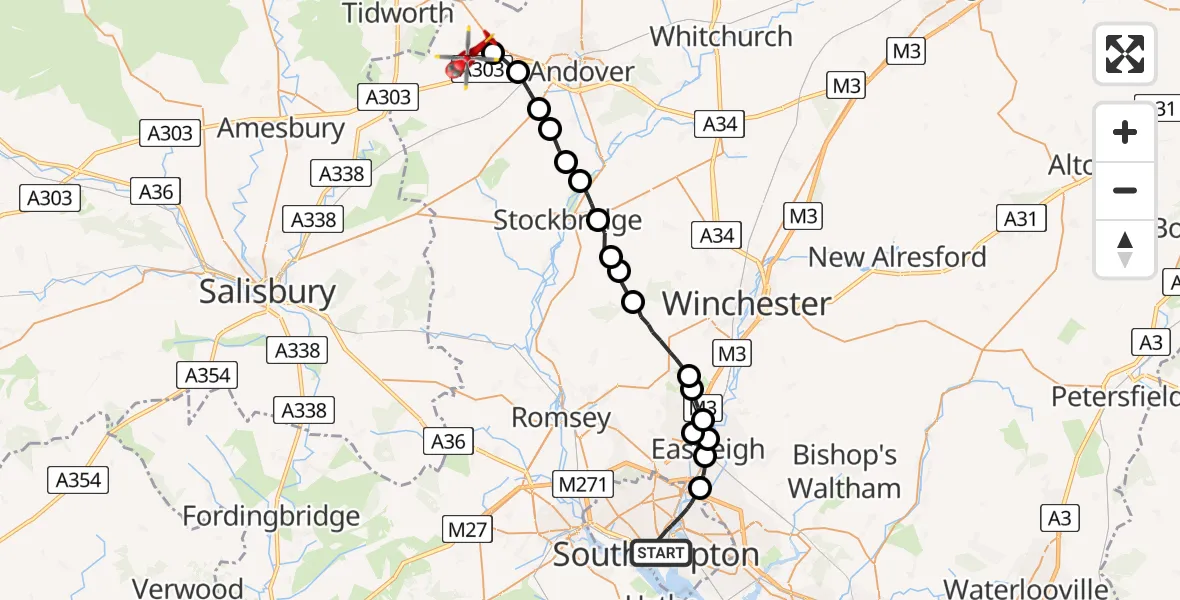 Flight path map showing Air Ambulance Helicopter route from Southampton to Fyfield