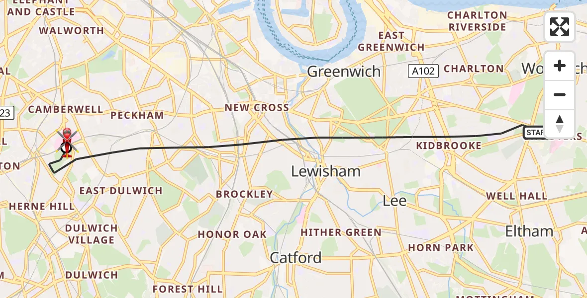 Routekaart van de vlucht: Air Ambulance Helicopter to Kings College London Hospital