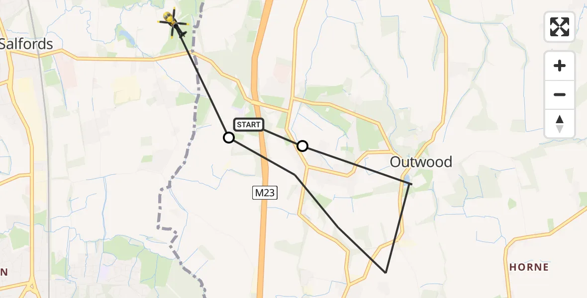 Flight path map showing Police Helicopter route from Tandridge to Reigate and Banstead