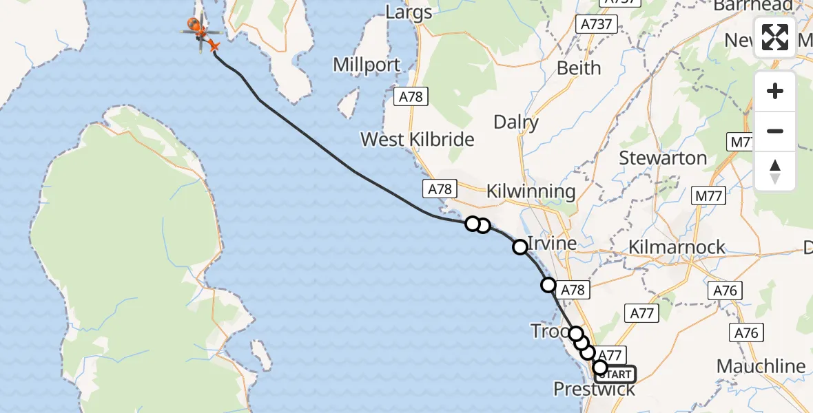 Flight path map showing Coastguard Helicopter route from Glasgow Prestwick Airport to Inner Seas