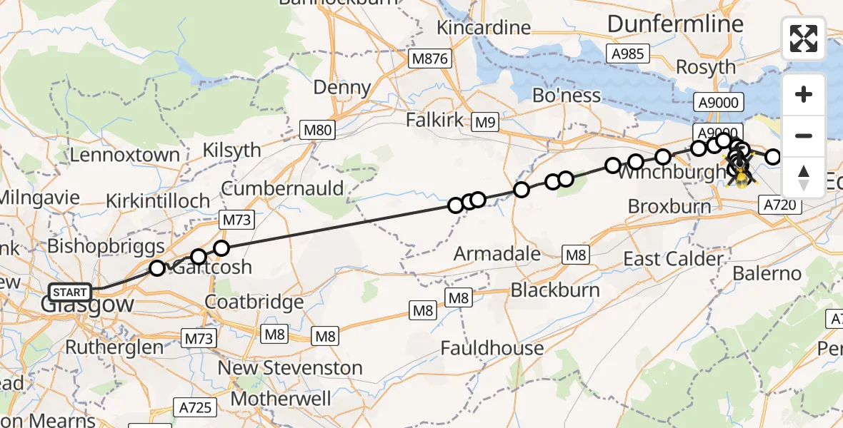 Flight path map showing Police Helicopter route from Glasgow to City of Edinburgh