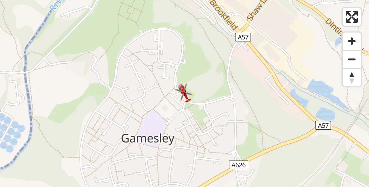 Flight path map showing Air Ambulance Helicopter route from Gamesley to Gamesley