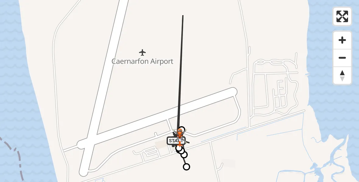 Flight path map showing Coastguard Helicopter route from Caernarfon Airport to Caernarfon Airport