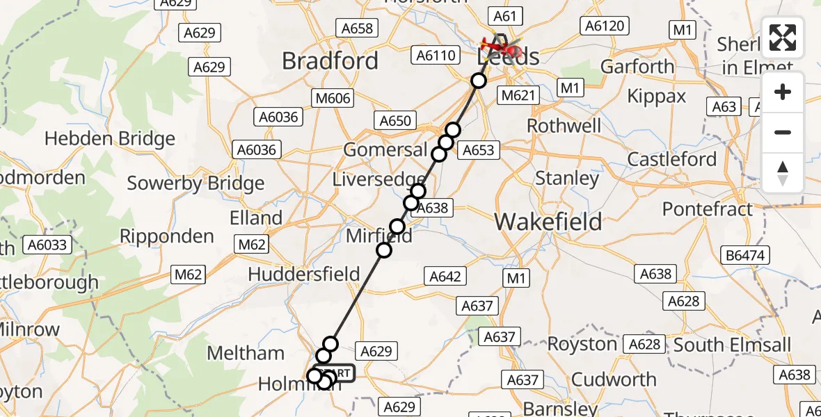 Flight path map showing Air Ambulance Helicopter route from New Mill to Leeds