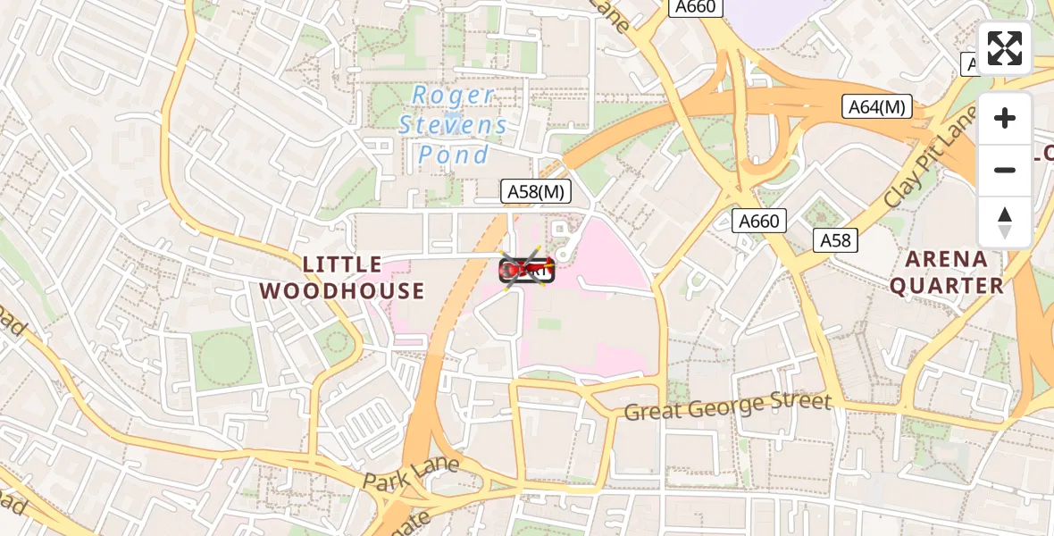 Flight path map showing Air Ambulance Helicopter route from Leeds to Leeds