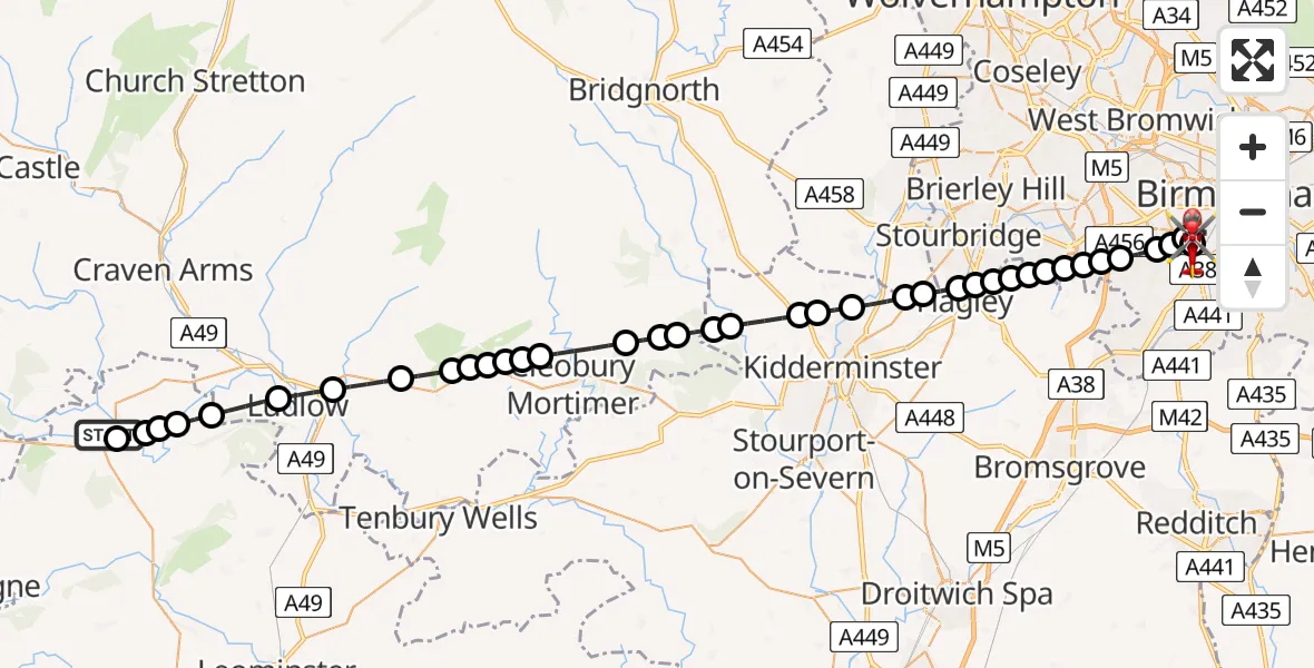 Flight path map showing Air Ambulance Helicopter route from Adforton to Queen Elizabeth Hospital Helipad