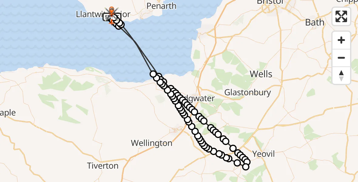 Flight path map showing Coastguard Helicopter route from MOD St Athan to MOD St Athan