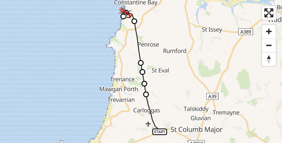 Flight path map showing Air Ambulance Helicopter route from Cornwall Airport Newquay to Treyarnon
