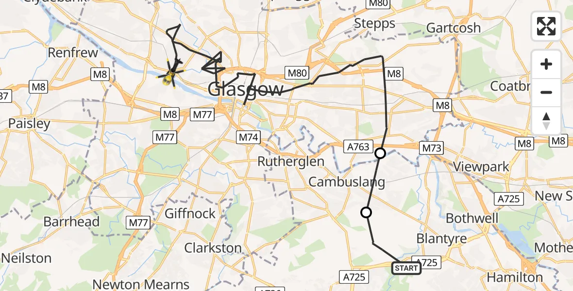 Flight path map showing Police Helicopter route from Blantyre to Glasgow